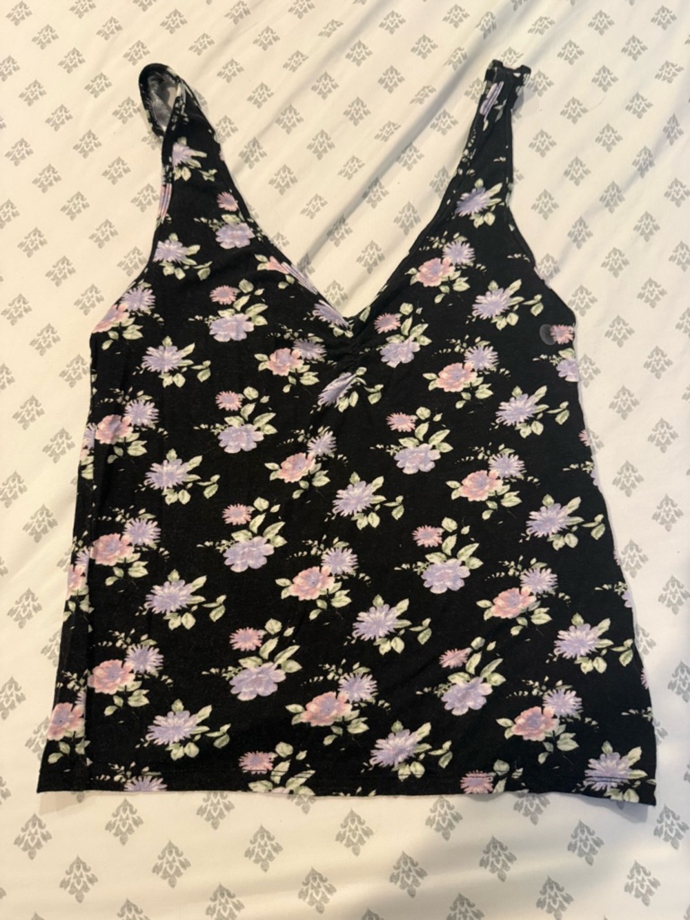 American Eagle Outfitters Black Floral V-Neck Cami with Pink & Lavender Flowers